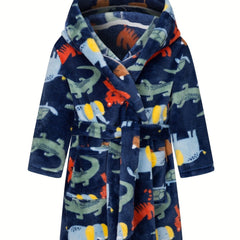 Kid's Crocodile Pattern Hooded Flannel Bathrobe PJ for Autumn Winter