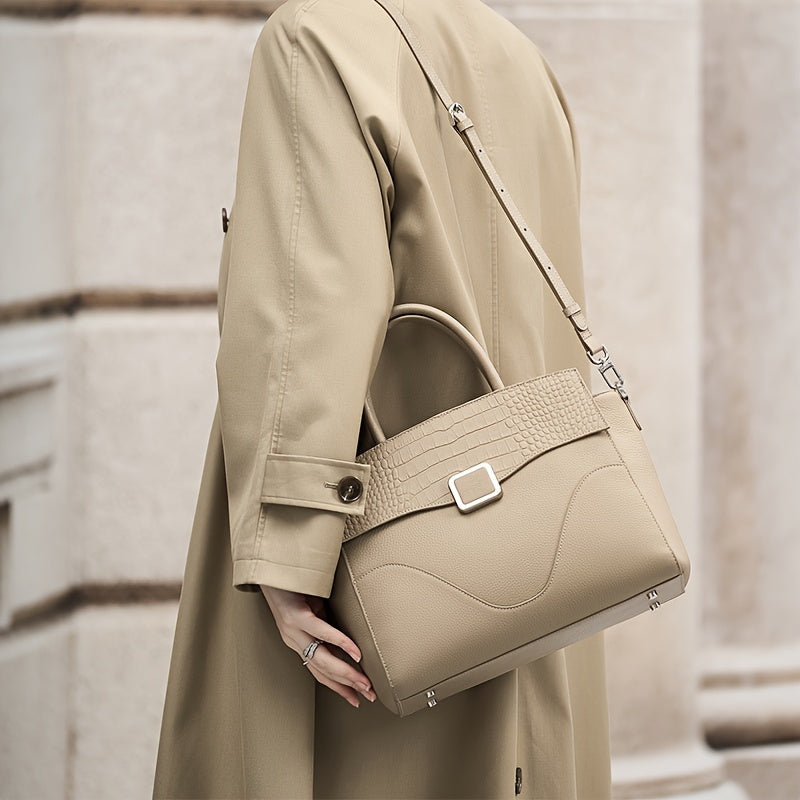 Vintage Leather Handbag for Women Gray Tote with Zipper Closure