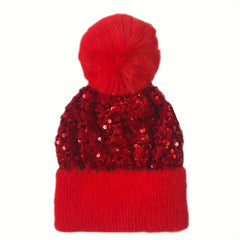 Sequin Knitted Hat Plush Fur Ball
