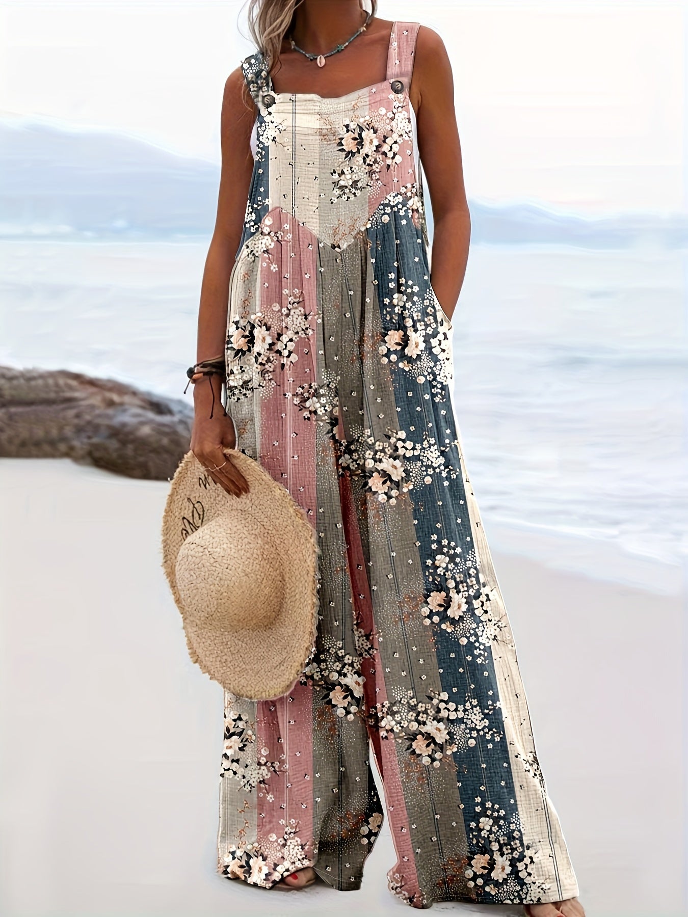 Colorblock Floral Print Wide Leg Jumpsuit