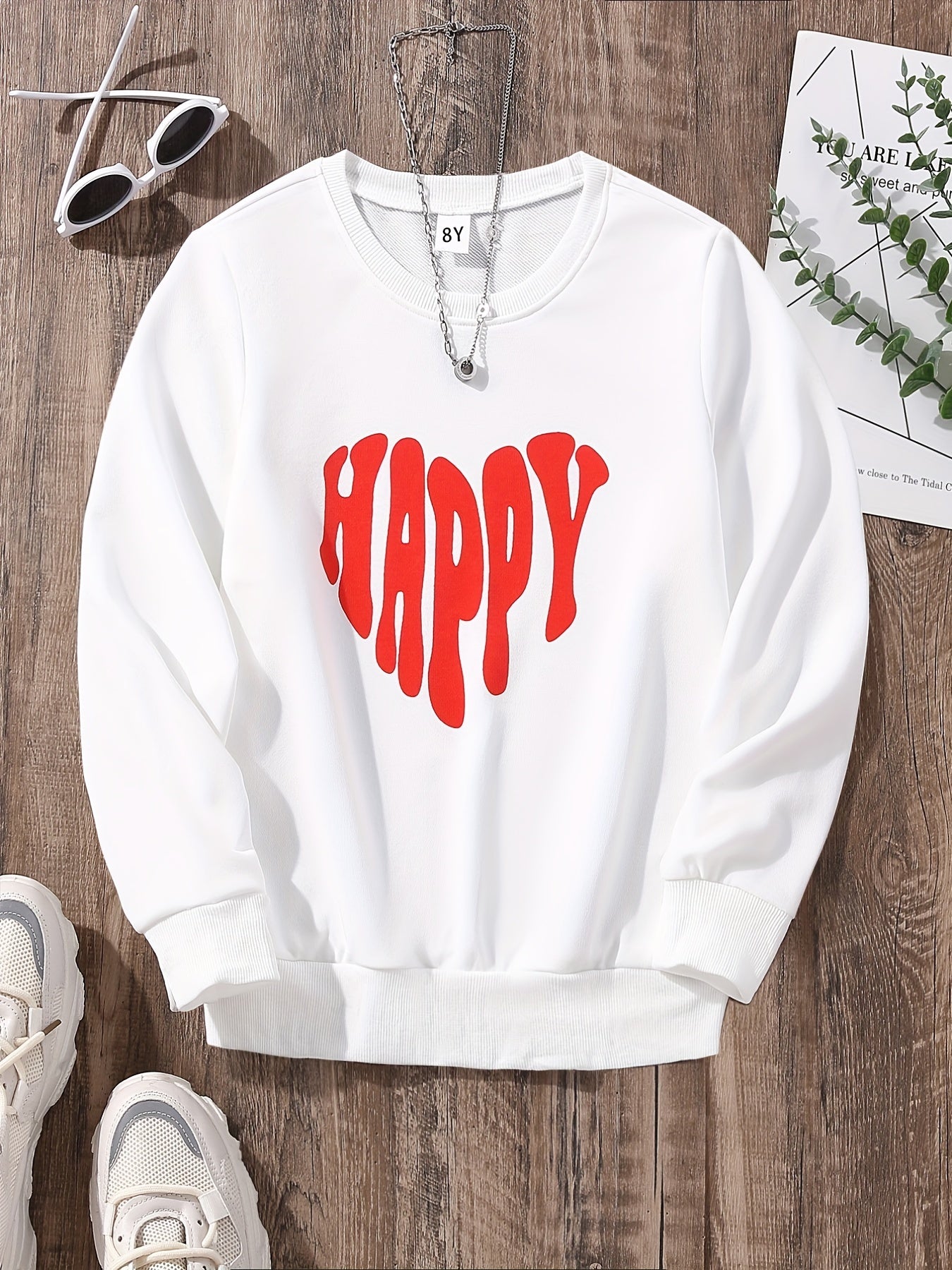 Girls Hoodie Letter HAPPY Heart Print Pullover Sweatshirt