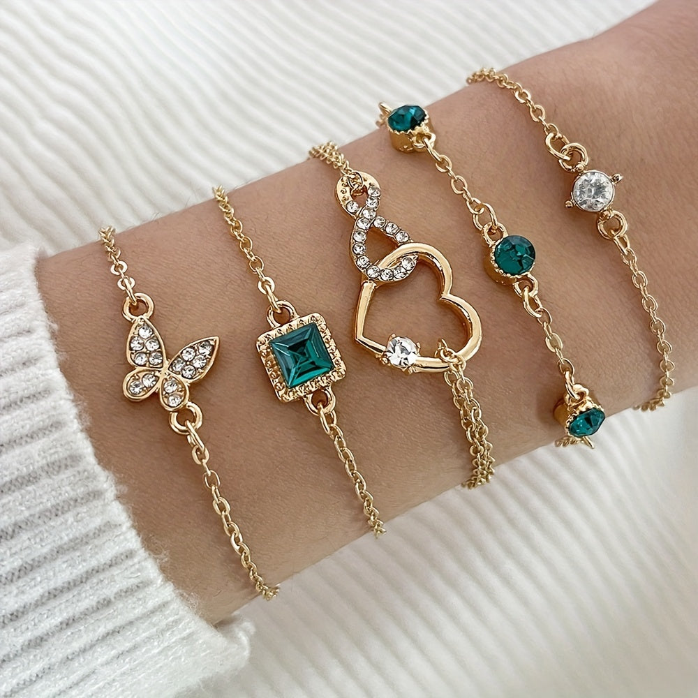 5pcs Retro Style Bracelet Love Rhinestones Infinity Symbol Green Bracelet