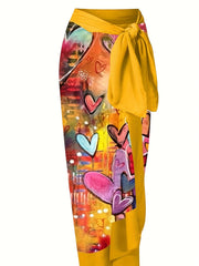 Graffiti Heart Print Tie Shoulder One Piece Bathing Suit with Sarong Cover Up