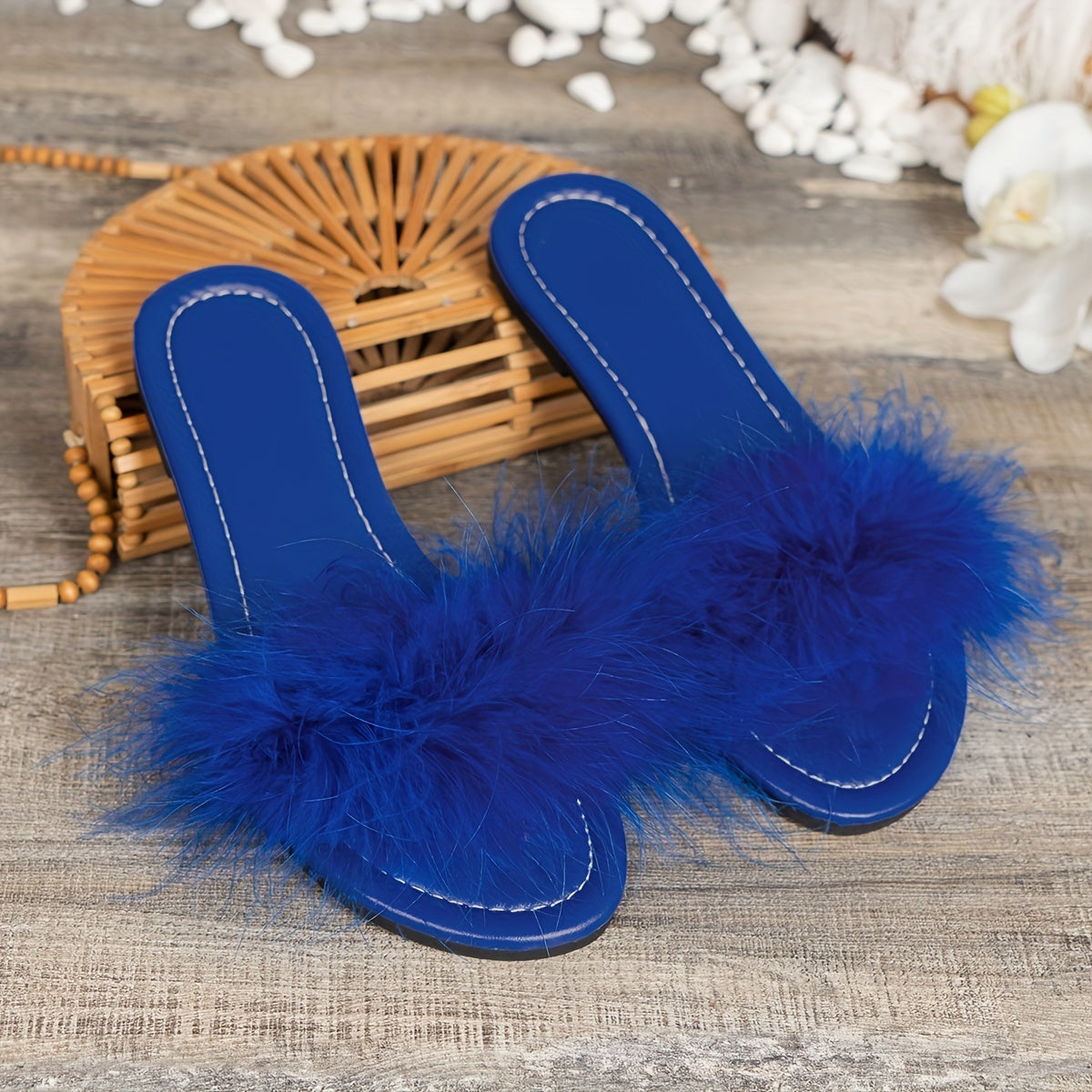 Women's Fluffy Ball Decor Sandals Slip On Open Toe Solid Non slip Slides Shoes
