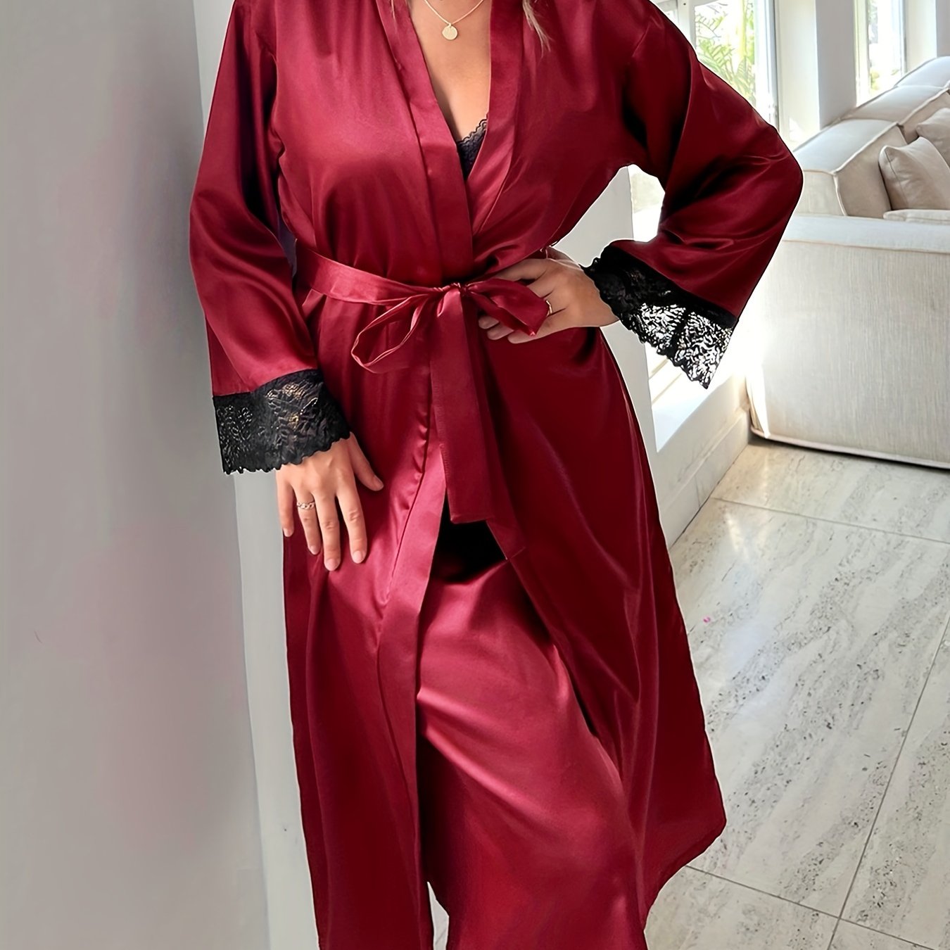 Lace Stitching Lounge Set Long Sleeve Robe & Slip Dress