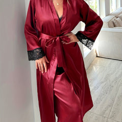 Lace Stitching Lounge Set Long Sleeve Robe & Slip Dress