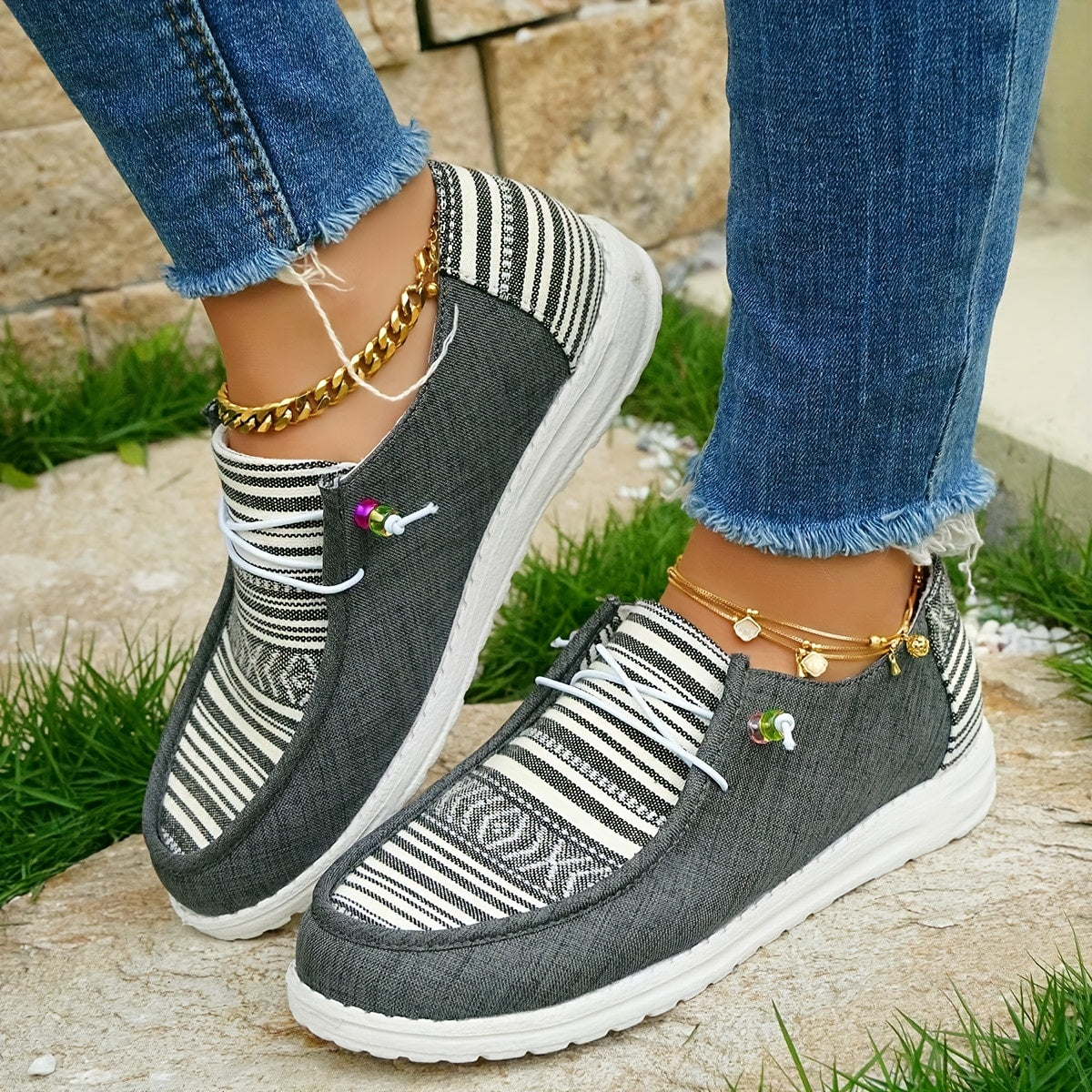 Womens Striped Canvas Slip-On Outdoor Shoes Lightweight Low Top Sneakers