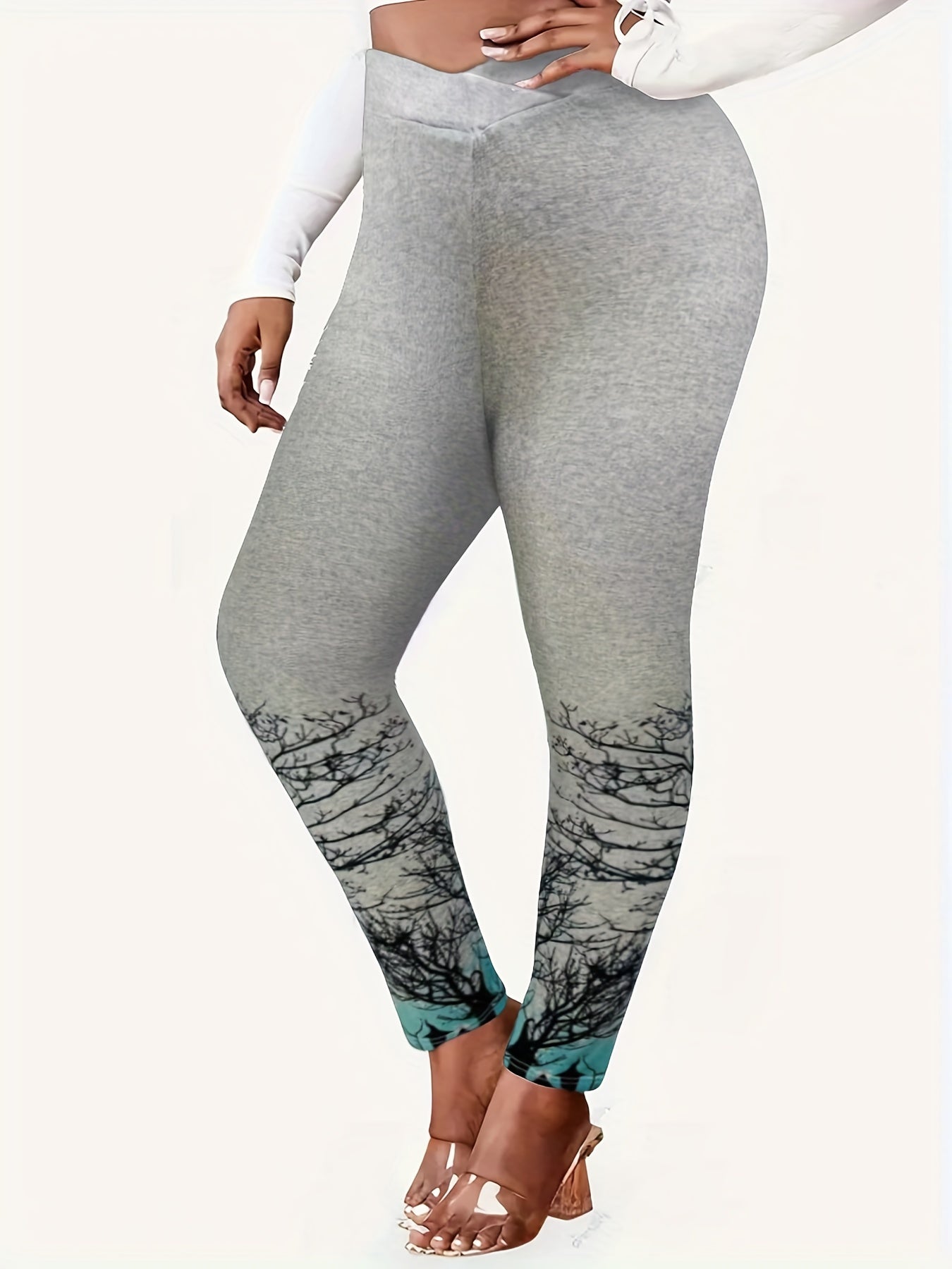 Branch Print Skinny Leggings High Waist Stretchy Leggings Women's Clothing