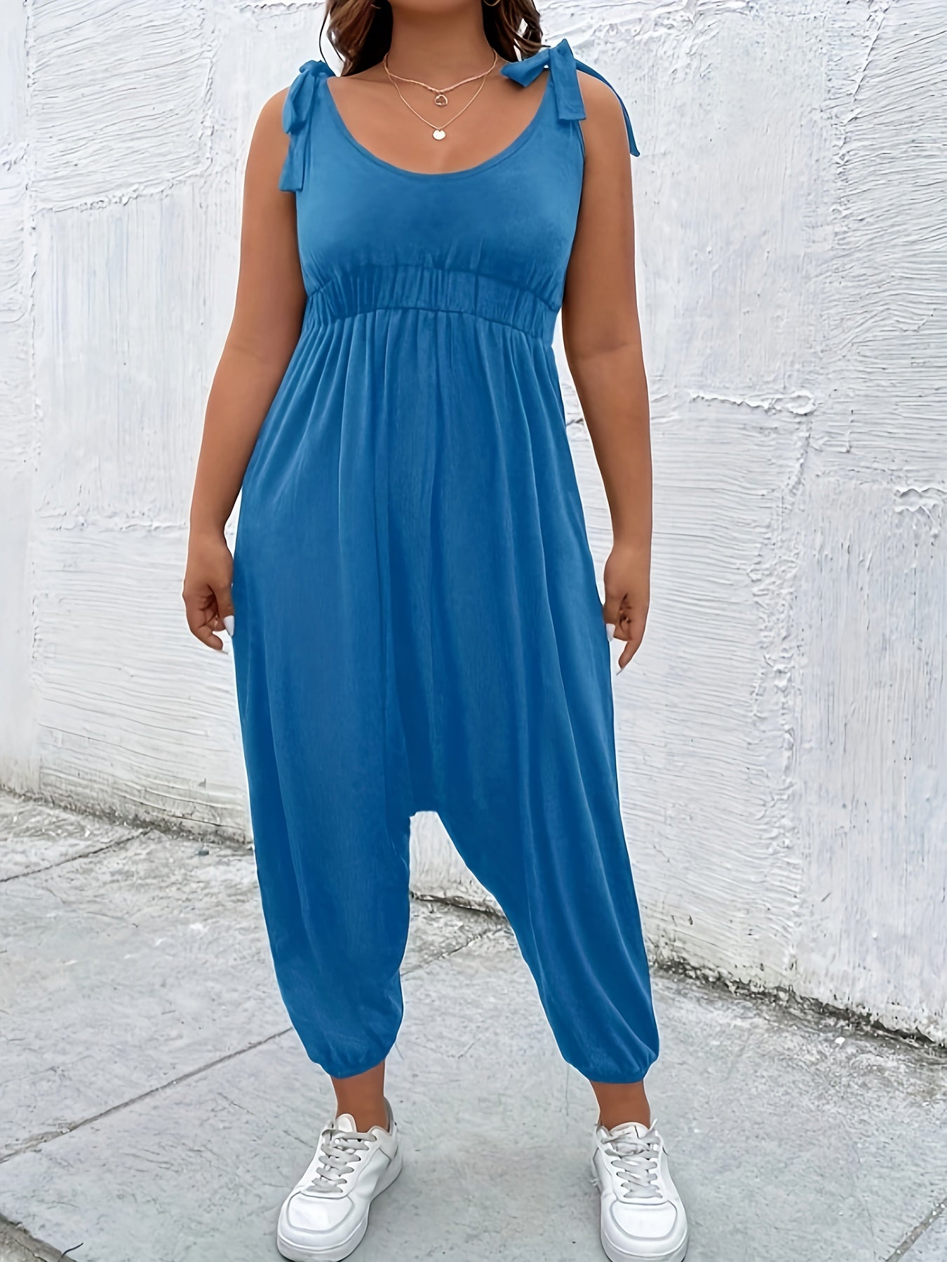 Plus Size Tie Shoulder Solid Jumpsuit Round Neck Tapered Leg