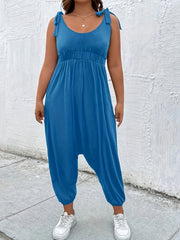 Plus Size Tie Shoulder Solid Jumpsuit Round Neck Tapered Leg