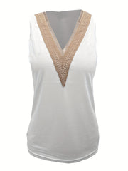 Guipure Lace Trim Tank Top V Neck Sleeveless Summer Top