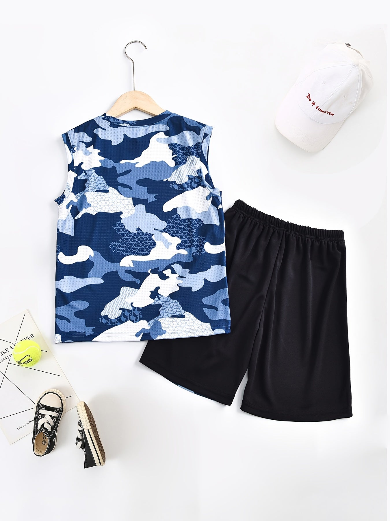 2pcs Camo Boys Sleeveless Tank Tops&Shorts Set Crew Neck Fitness Vest&Shorts