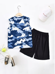 2pcs Camo Boys Sleeveless Tank Tops&Shorts Set Crew Neck Fitness Vest&Shorts