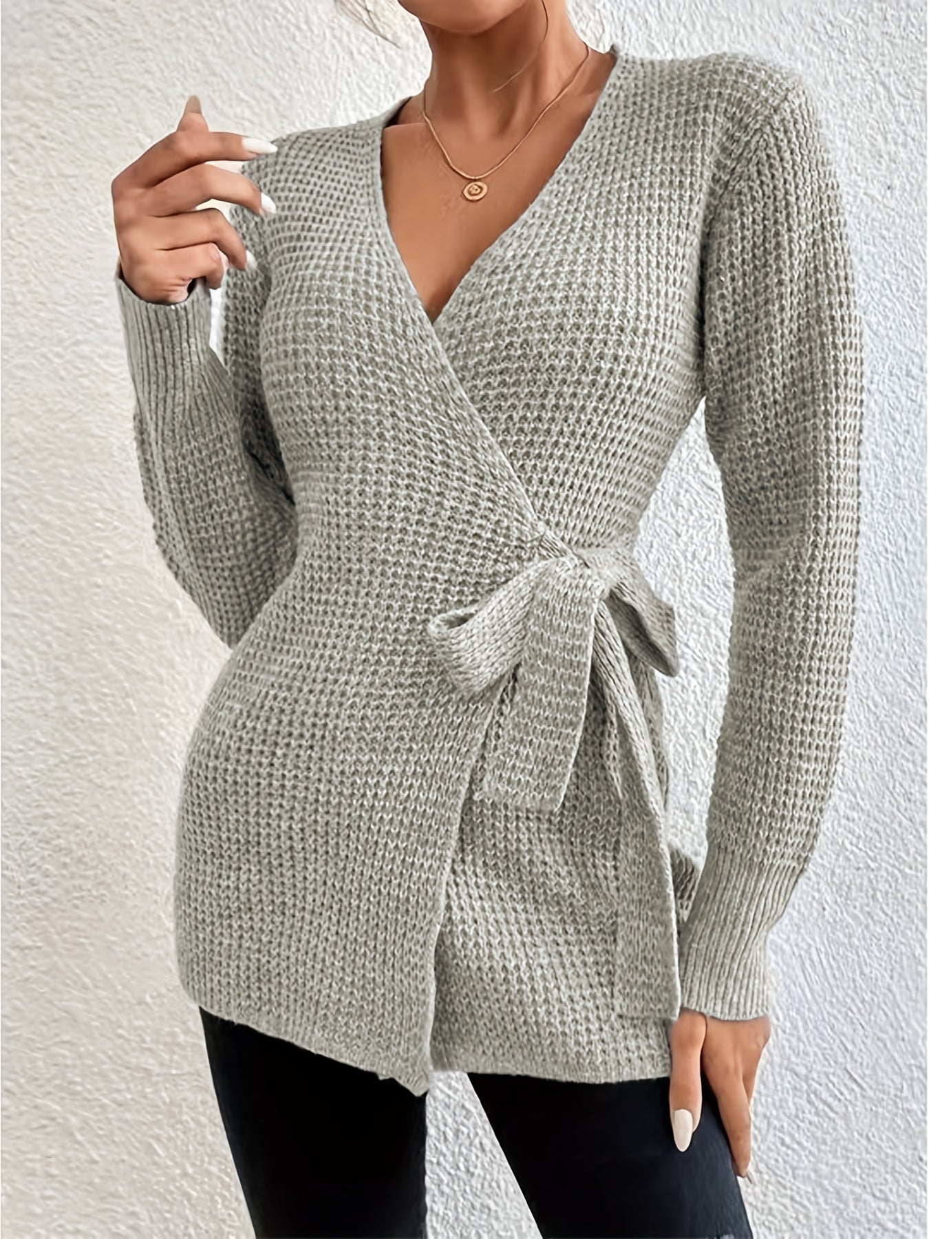 Casual Sweater Solid Long Sleeve Surplice Neck Knot Wrap