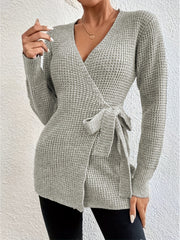 Casual Sweater Solid Long Sleeve Surplice Neck Knot Wrap