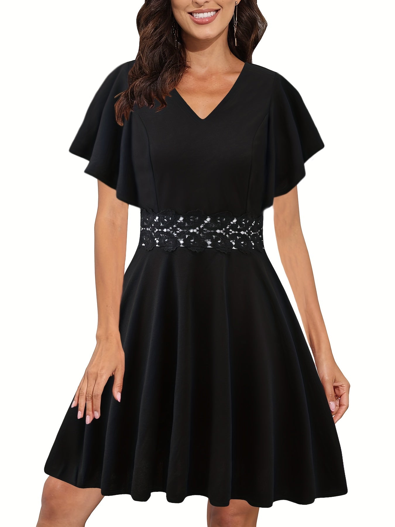 Lace Solid Dress Ruffle Sleeve V Neck Dress Women's Clothing
