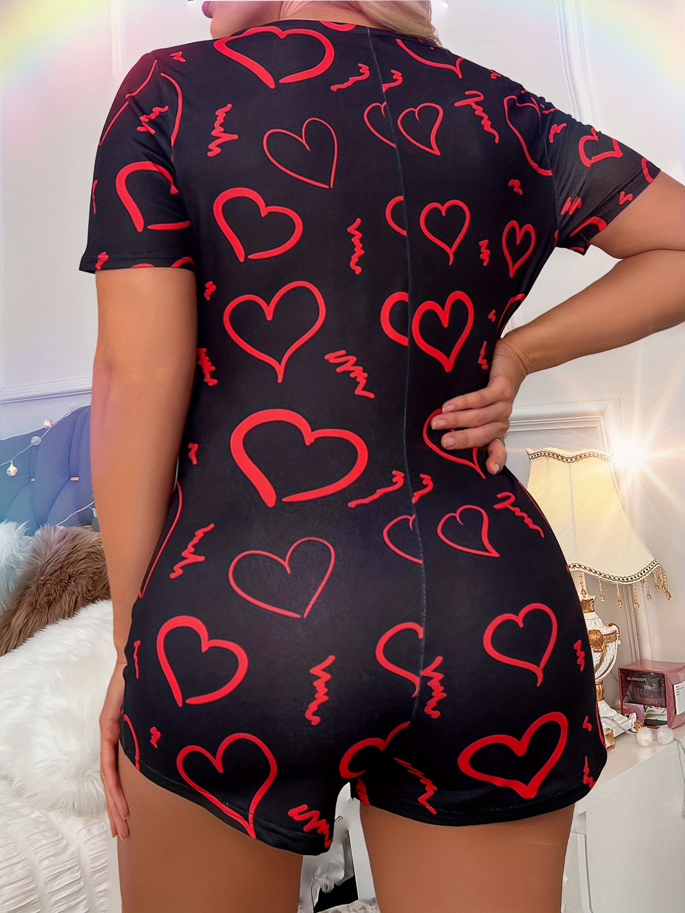 Heart Print V Neck Onesie Pajama Romper