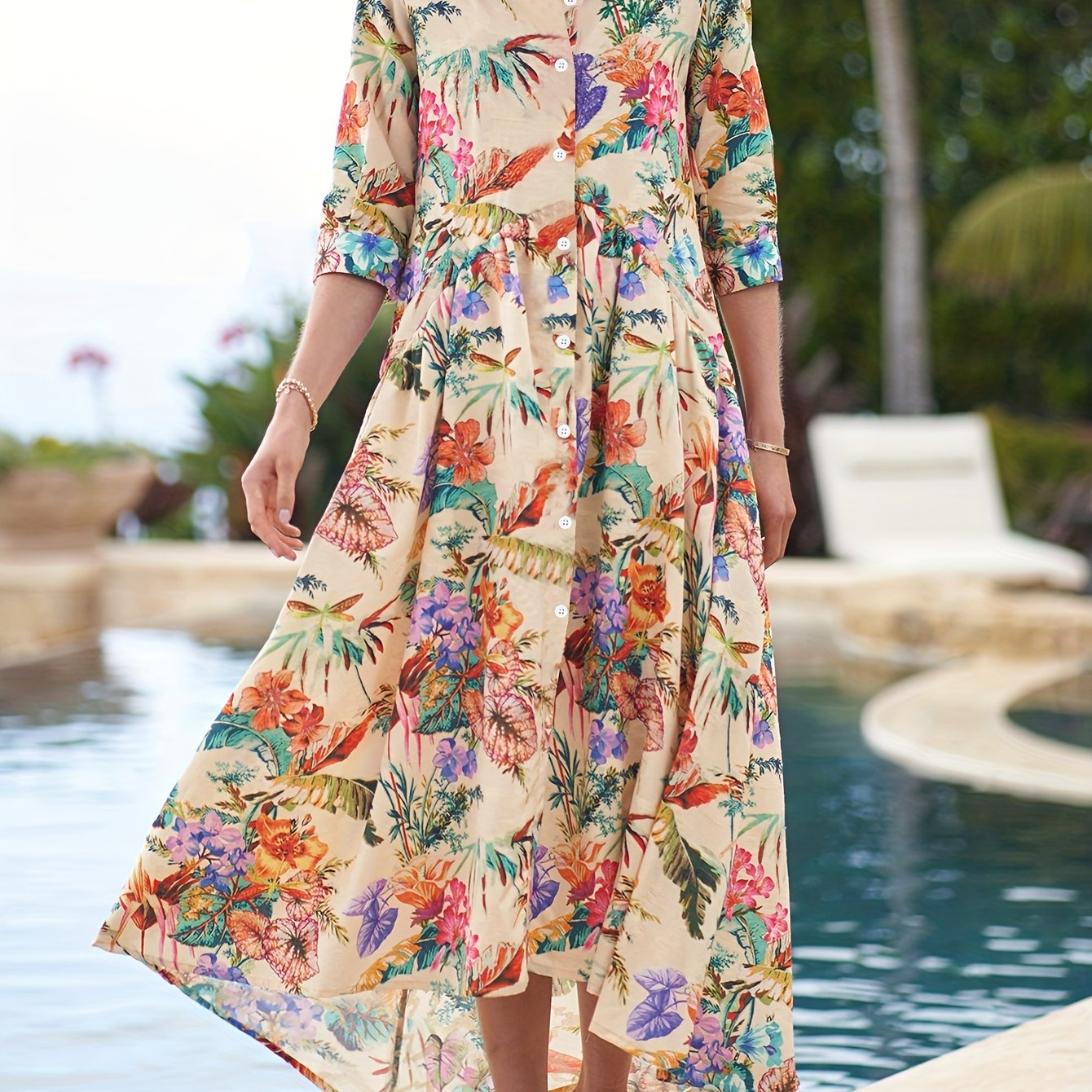 Plus Tropical Print Button Up Half Sleeve Shirt Dress