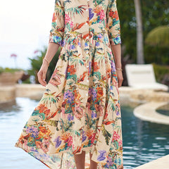 Plus Tropical Print Button Up Half Sleeve Shirt Dress
