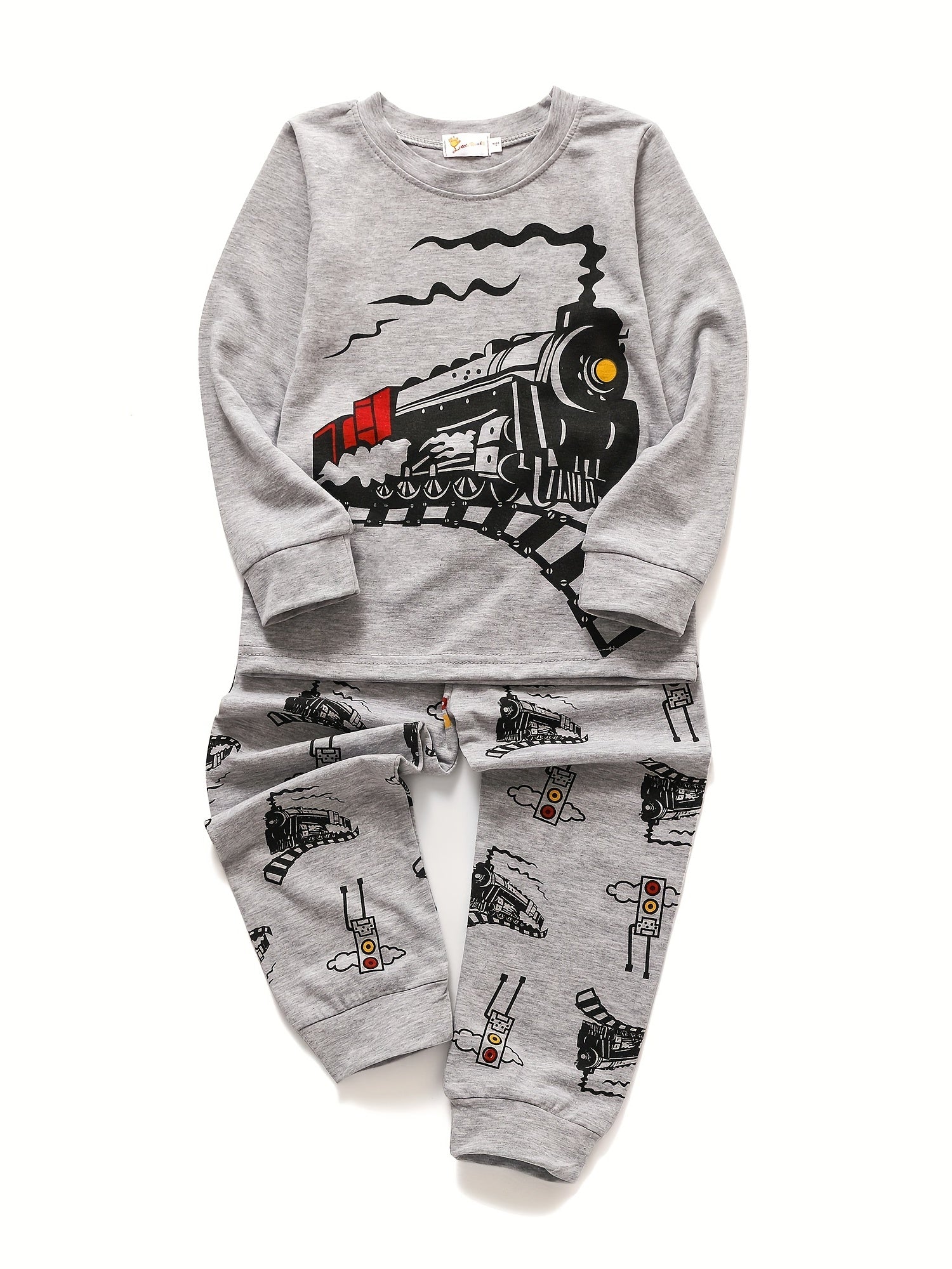 Boys Train Print Pajama Set Long Sleeve Top & Pants Homewear Kids Clothes