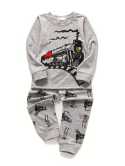 Boys Train Print Pajama Set Long Sleeve Top & Pants Homewear Kids Clothes
