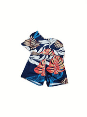 Tropical Print One Shoulder Split Top & Shorts Set