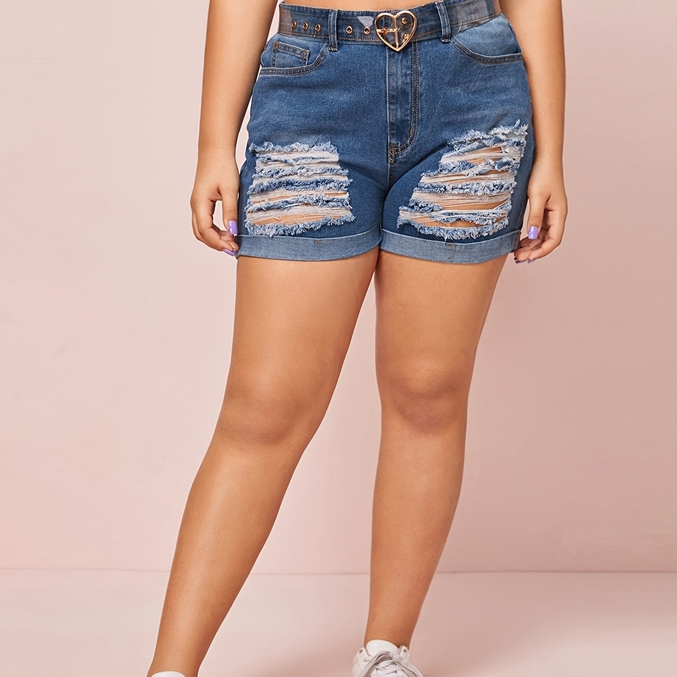 Ripped High Rise Button Denim Shorts