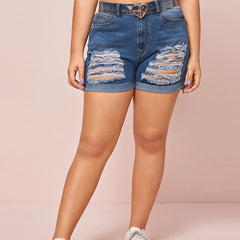 Ripped High Rise Button Denim Shorts