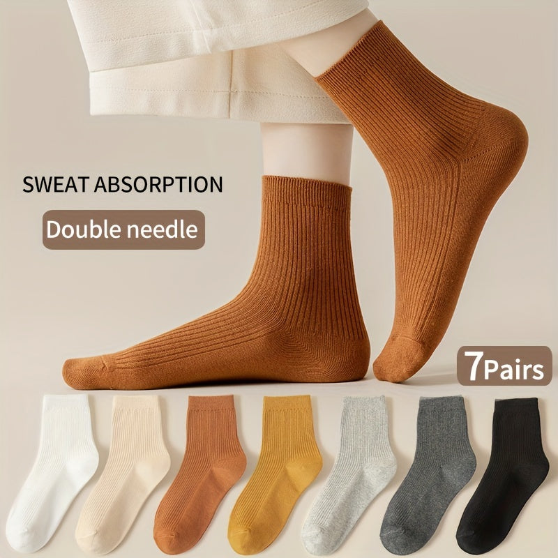 7 Pairs Ribbed Socks Breathable Women's Stockings