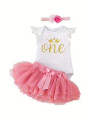 Baby Birthday Party Holiday Clothes Flutter Sleeve Romper & Princess Dress Set