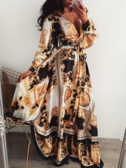 Women's Plus Baroque Print Long Sleeve Maxi Dress