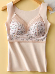 Lace Thermal Tank Top V Neck Padded Floral Print Lingerie
