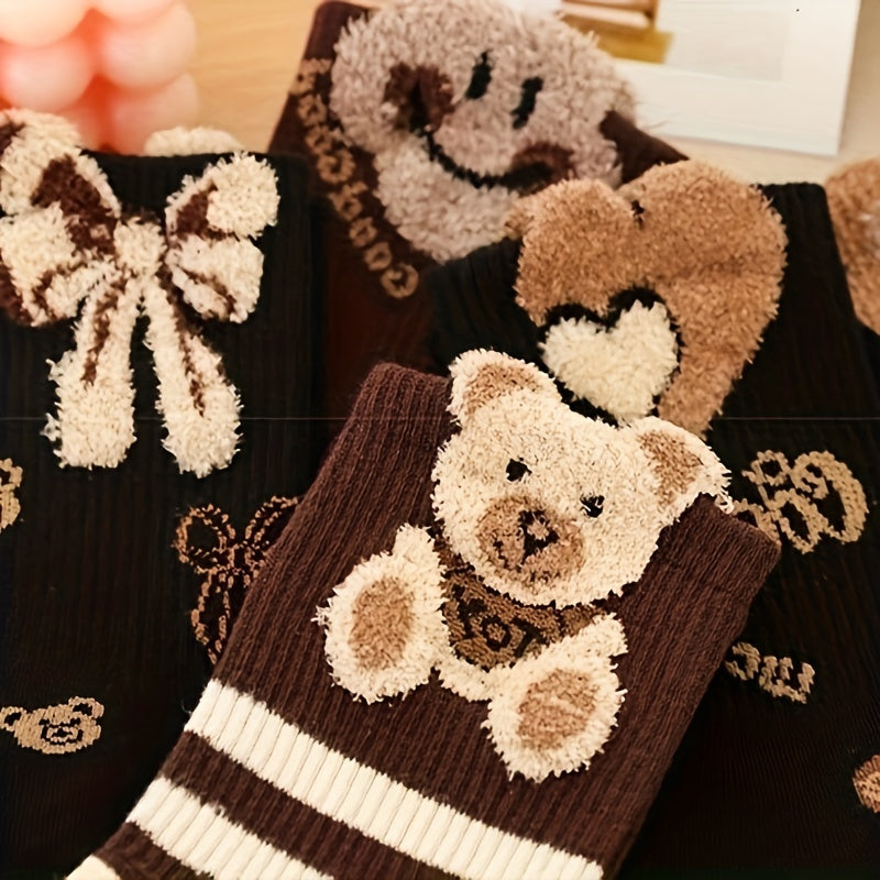 5 Pairs Bear & Bow Print Socks Women's Mid Tube Stockings