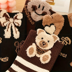 5 Pairs Bear & Bow Print Socks Women's Mid Tube Stockings