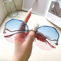 Round Rimless Sunglasses Ombre Lens Metal Temple UV400