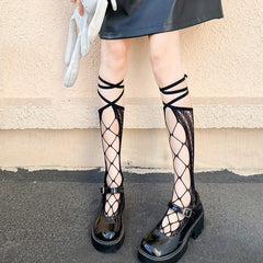 Girls Lace Up Knee High Socks Fishnet Pattern Strap Calf Socks