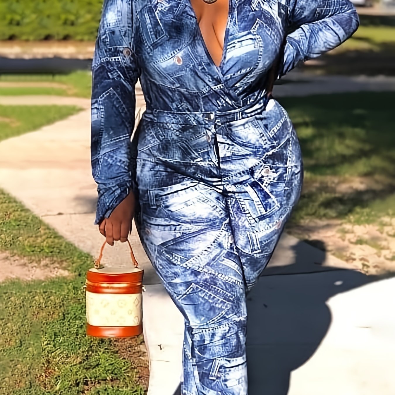 Denim Print Long Sleeve Lapel Collar Jumpsuit