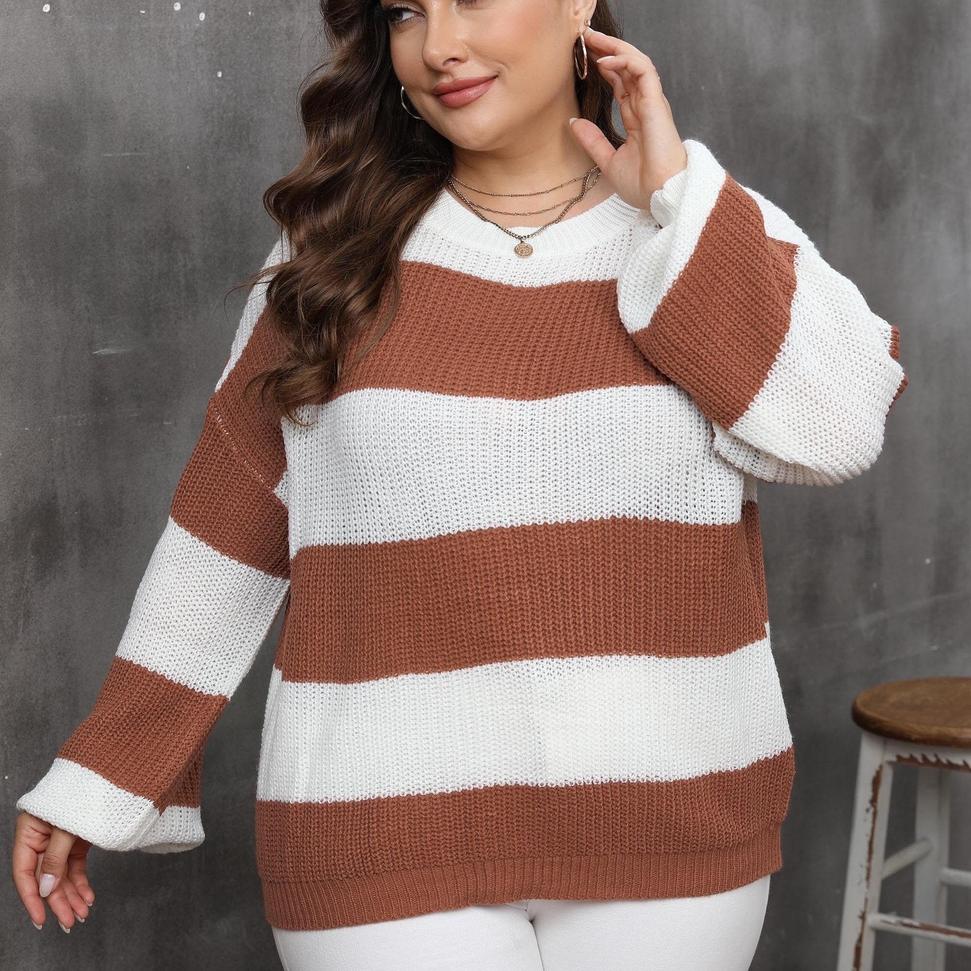 Casual Sweater Women's Plus Stripe Print Drop Shoulder Lantern Sleeve