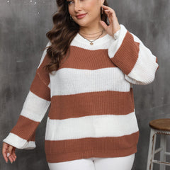 Casual Sweater Women's Plus Stripe Print Drop Shoulder Lantern Sleeve