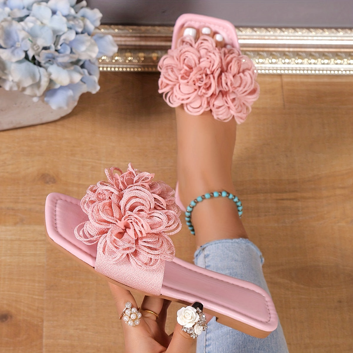 Square Open Toe Flower Slide Sandals for Women