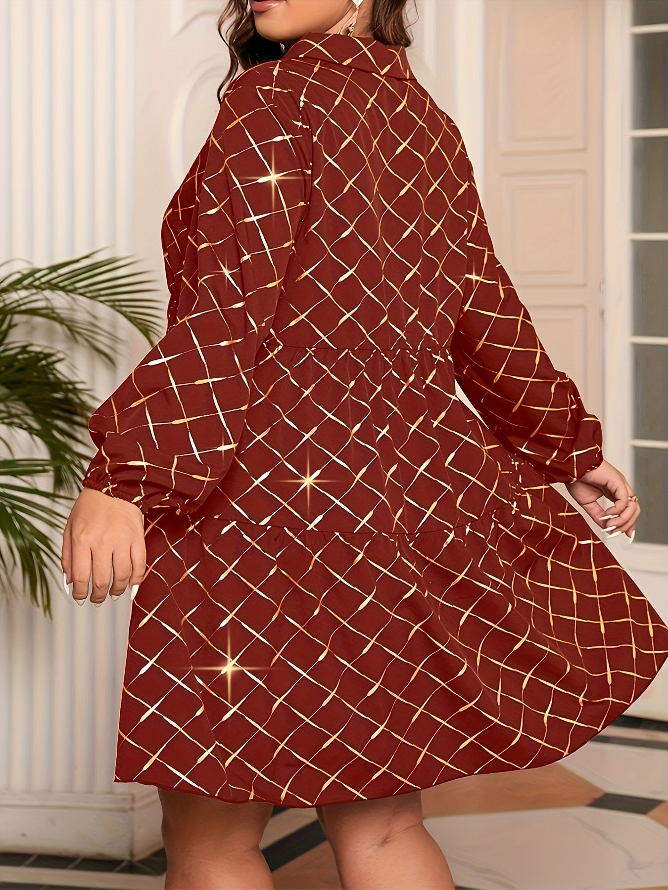 Women's Golden Argyle Print V Neck Smock Mini Dress