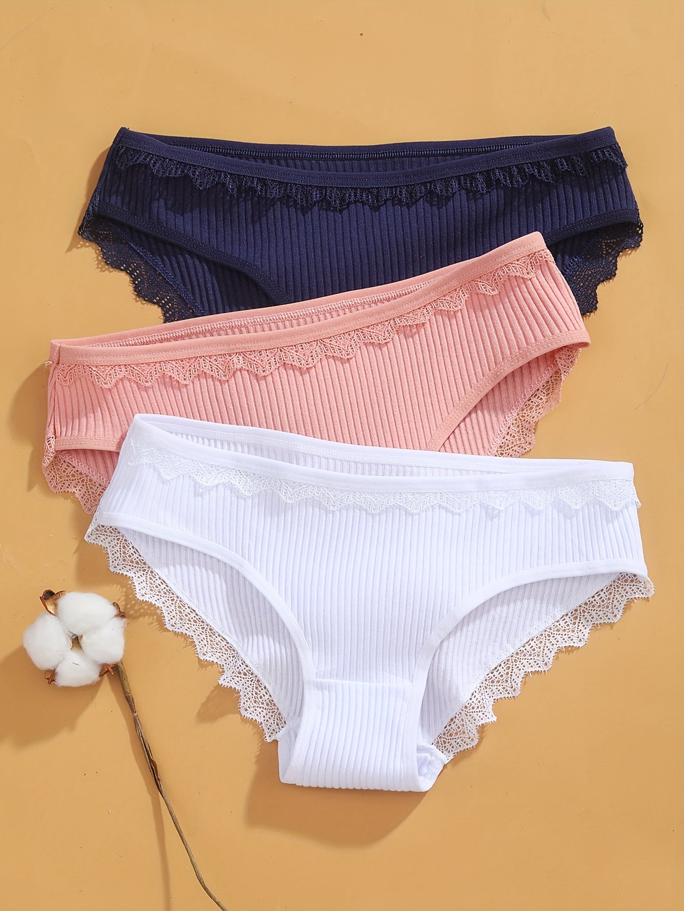 3pcs Lace Trim Ribbed Briefs Women's Comfy Intimates Panties