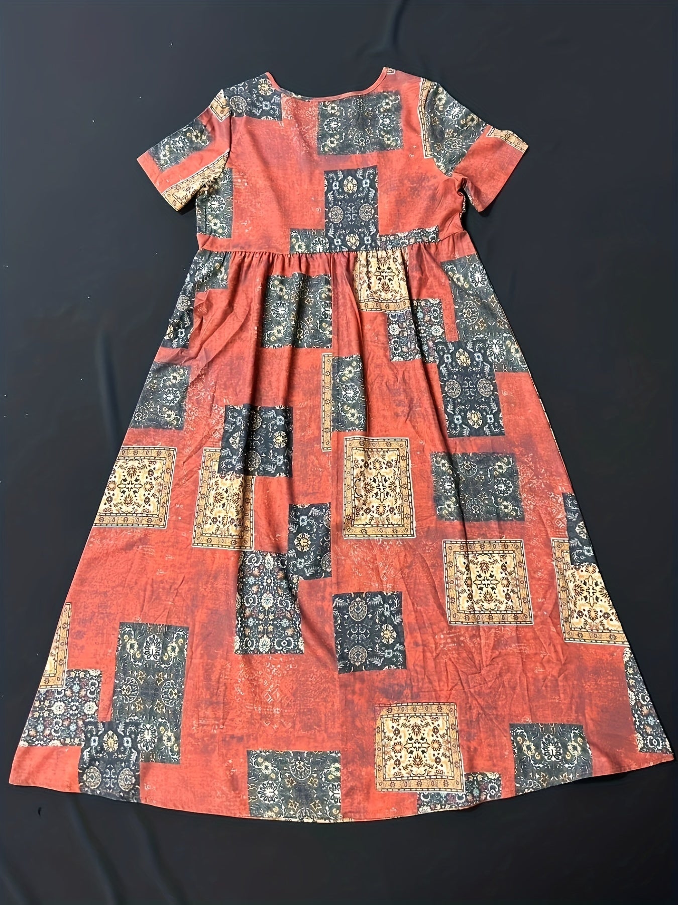 Ethnic Patchwork Print Dress Boho Crew Neck Short Sleeve Maxi Dress
