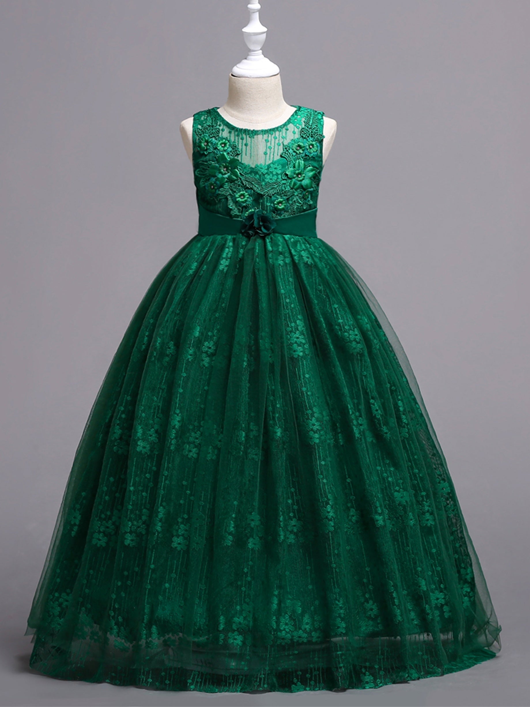 Girls Mesh Flower Embroidery Princess Dress Sleeveless Vintage Tulle Dress