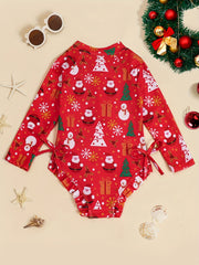 Girls Santa Ruffle Trim Long Sleeve Swimsuit Christmas Gift