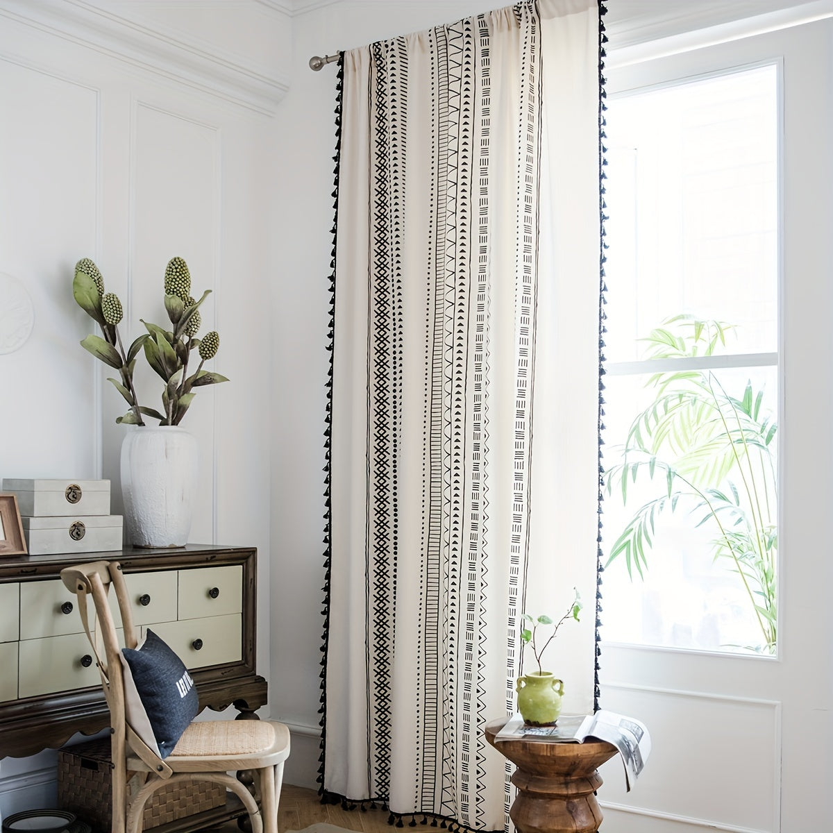 Geometric Rod Pocket Curtains With Tassels Boho Style