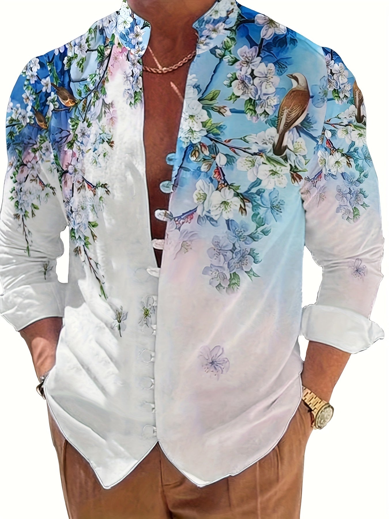 Men's Stylish 3D Print Flower & Bird Casual Long Sleeve Shirt