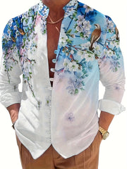 Men's Stylish 3D Print Flower & Bird Casual Long Sleeve Shirt