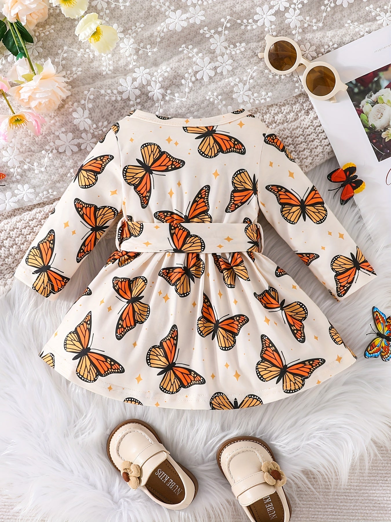 Baby Girls Butterfly Print Dress with Bow Belt for Spring and Autumn