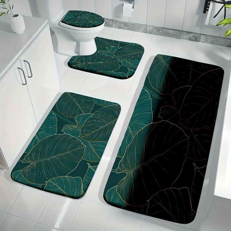 4pcs Velvet Sponge Bath Mat Set Leaves Flowers Sea Waves Wooden Board Pattern